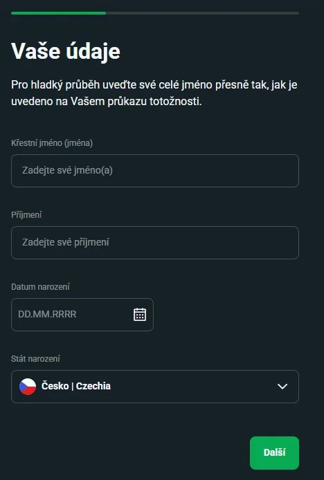 Formulář osobních údajů při registraci XTB