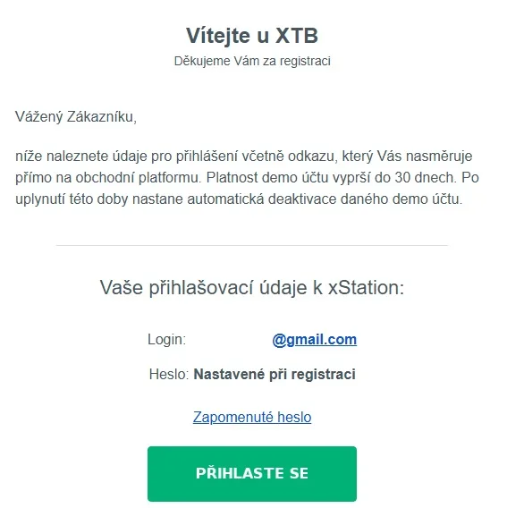 Potvrzovací e-mail XTB s přihlašovacími údaji