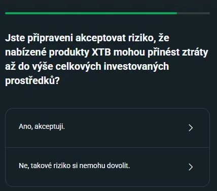 Otázka na přijetí investičního rizika v registraci XTB