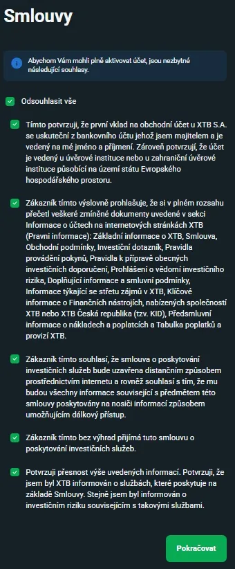 Smlouvy a prohlášení před aktivací účtu XTB
