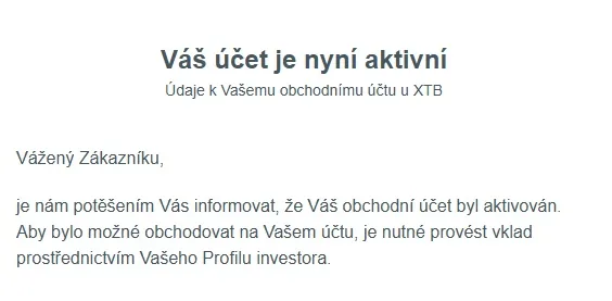 E-mail XTB potvrzující aktivní obchodní účet
