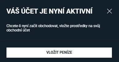 Výzva XTB k vložení peněz po aktivaci účtu