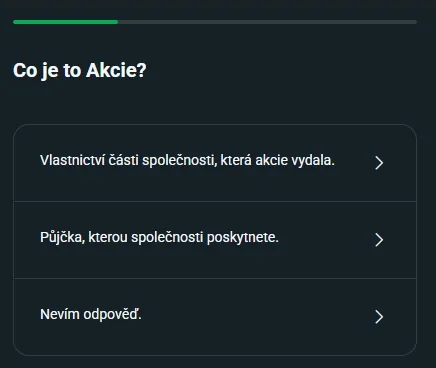 Znalostní otázka o akcii v registračním dotazníku XTB