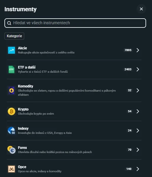 Přehled kategorií instrumentů v platformě XTB