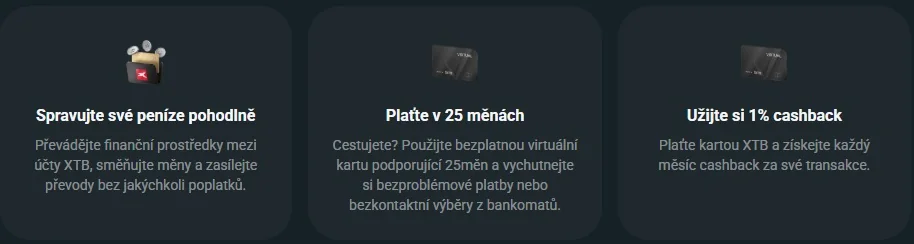 Obrazovka XTB Card s převody, 25 měnami a cashbackem