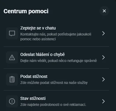 Centrum pomoci XTB s chatem, hlášením chyby a podáním stížnosti