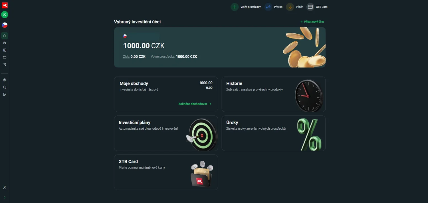 Aktivovaný reálný účet XTB po prvním vkladu 1 000 Kč s anonymizovaným číslem účtu