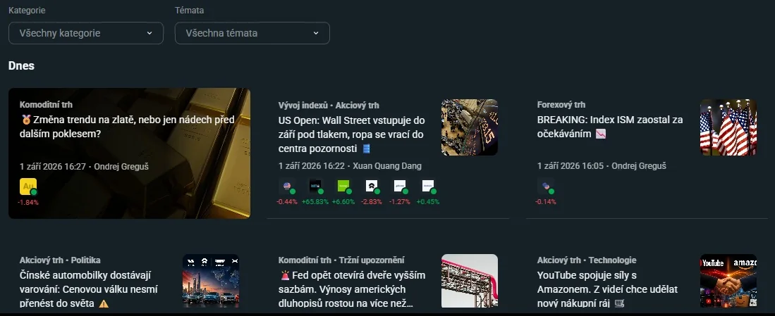 Aktuální zprávy v platformě XTB rozdělené podle témat a trhů